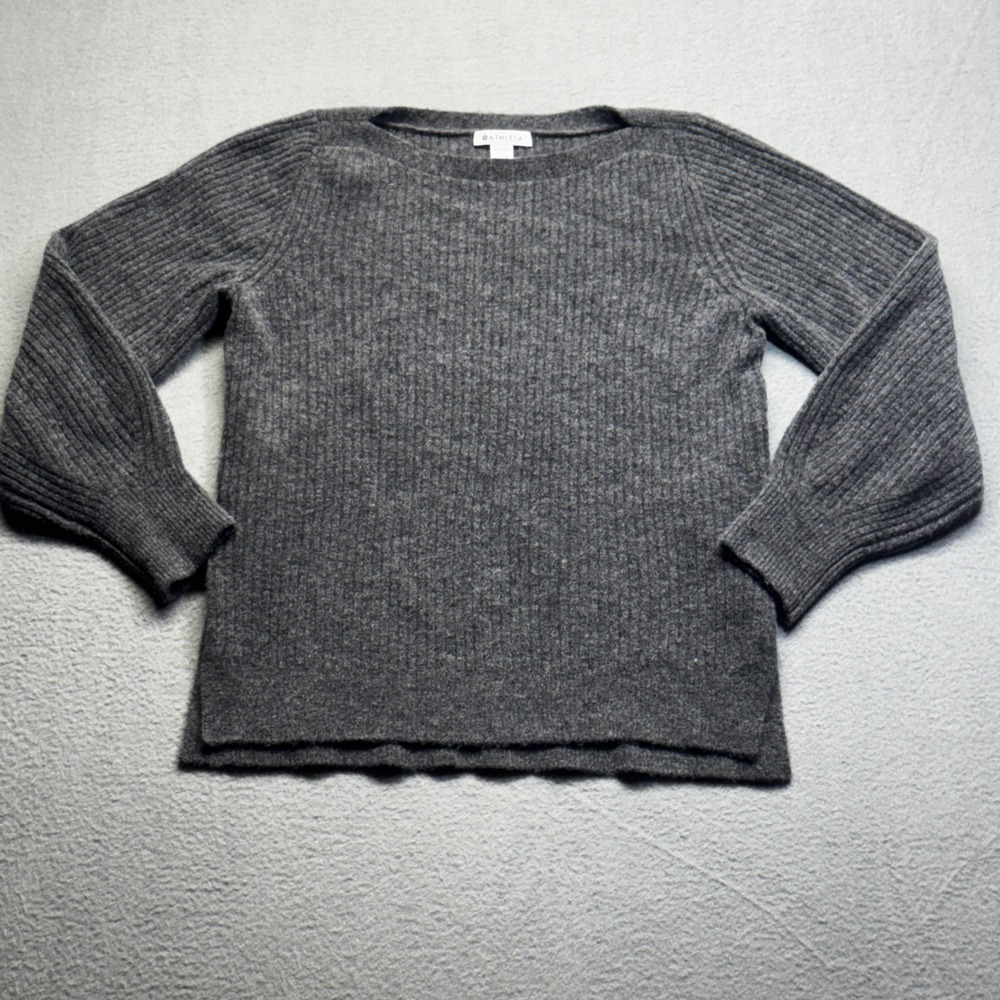 Athleta Merino Wool Ribbed Sweater Small Gray Boat Neck Side Slit 793358-02